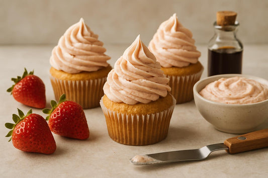 Cupcakes piped with vanilla strawberry ginger buttercream
