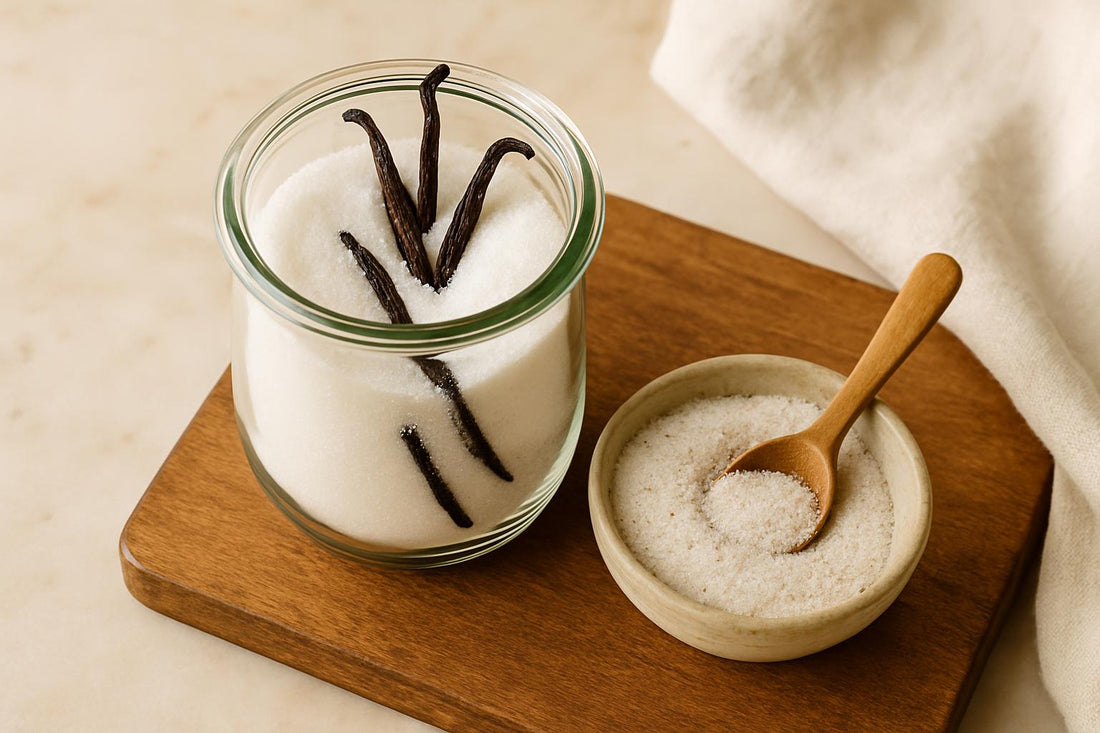 A clear glass jar filled with white sugar and split vanilla beans visible inside, alongside a small bowl of vanilla sugar