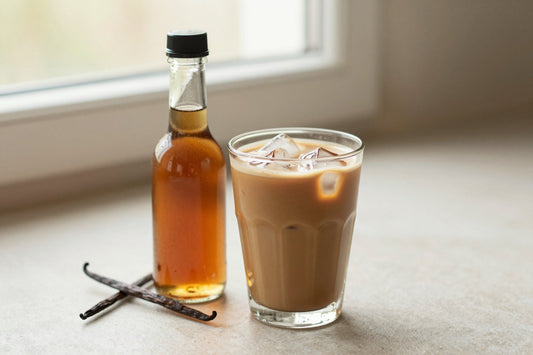 A small glass bottle of vanilla syrup with a pour spout, beside an iced latte sweetened with it