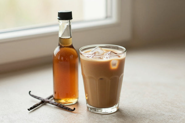 A small glass bottle of vanilla syrup with a pour spout, beside an iced latte sweetened with it