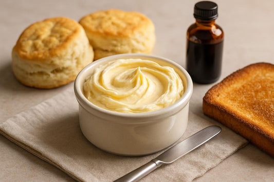 Vanilla Whipped Butter Spread in a crock with warm biscuits