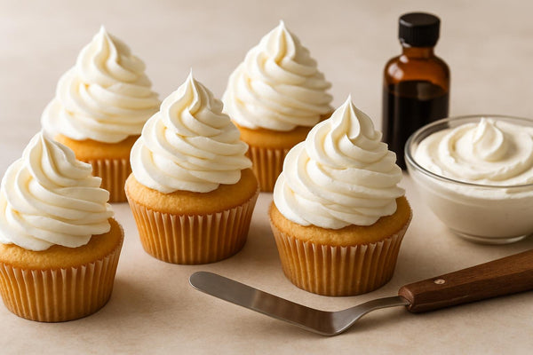 Cupcakes piped with vanilla whipped cream frosting