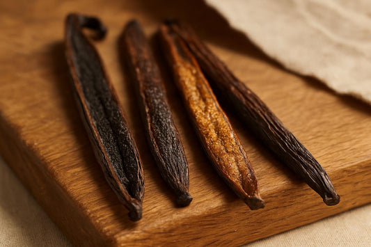 Split vanilla beans from Madagascar, Uganda, and Tahiti showing vanillin content differences and caviar texture