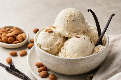 Vegan almond vanilla ice cream made with Indonesian vanilla