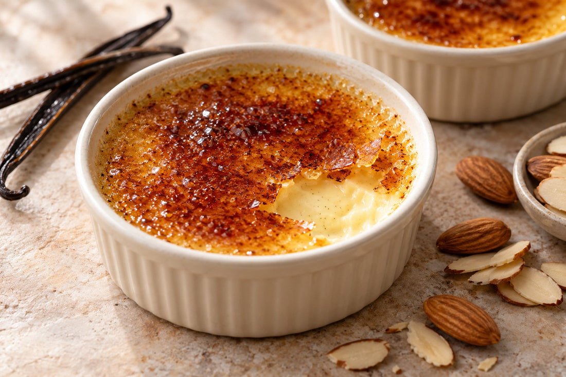 Vegan Almond Vanilla Crème Brûlée in a ramekin with a caramelized sugar crust