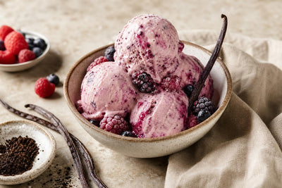 Vegan berry vanilla ice cream made with Mexican vanilla