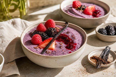 Vegan berry vanilla pudding made with Mexican vanilla