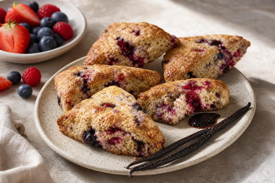 Vegan berry vanilla scones made with Ugandan vanilla