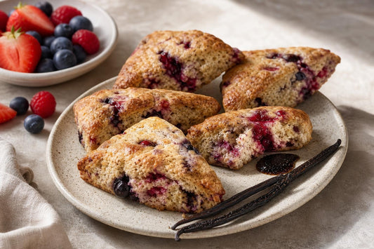 Vegan berry vanilla scones made with Ugandan vanilla
