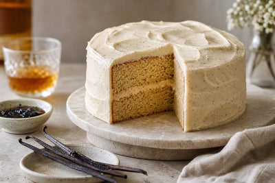 Vegan bourbon vanilla layer cake made with Tahitian vanilla