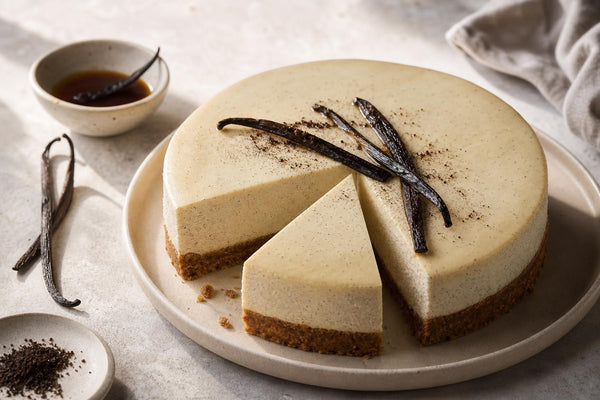 Vegan bourbon vanilla cheesecake made with Tahitian vanilla