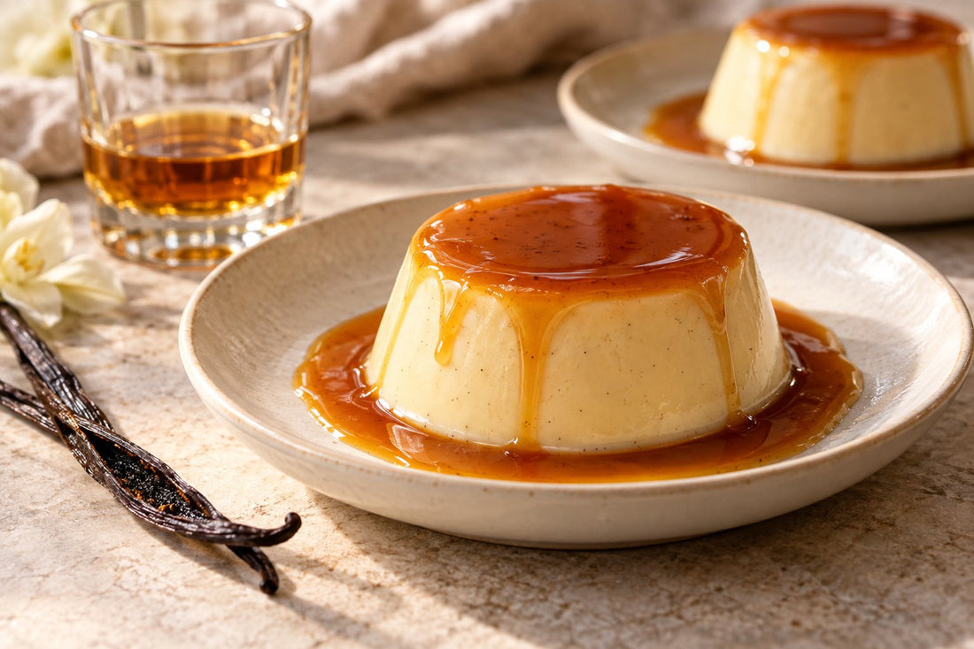 Vegan Bourbon Vanilla Panna Cotta, unmolded on a plate with vanilla beans