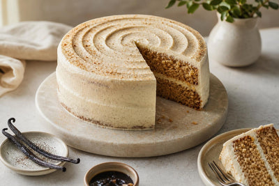 Vegan brown butter vanilla layer cake made with Mexican vanilla