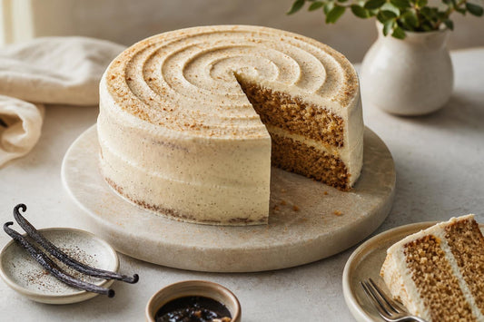 Vegan brown butter vanilla layer cake made with Mexican vanilla