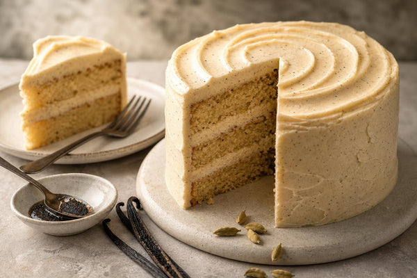 Vegan cardamom vanilla layer cake made with Tahitian vanilla