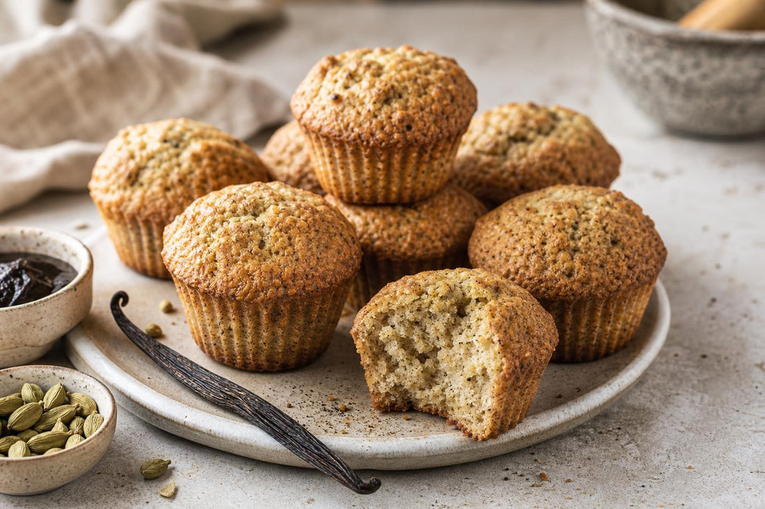 Vegan cardamom vanilla muffins made with Ugandan vanilla