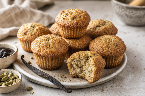 Vegan cardamom vanilla muffins made with Ugandan vanilla