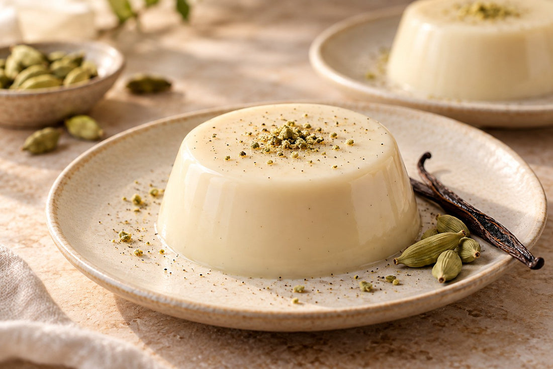 Vegan Cardamom Vanilla Panna Cotta, unmolded on a plate with vanilla beans