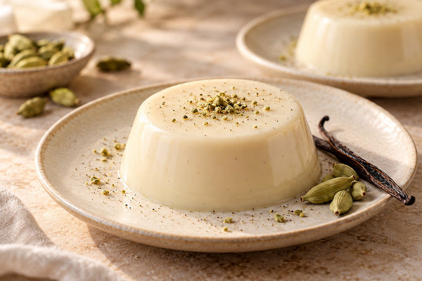 Vegan Cardamom Vanilla Panna Cotta, unmolded on a plate with vanilla beans