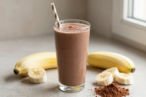 A tall glass of thick, creamy vegan chocolate protein shake with a straw, a few of its fresh ingredients beside it