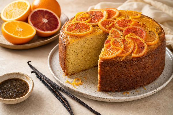 Vegan citrus vanilla layer cake made with Ugandan vanilla