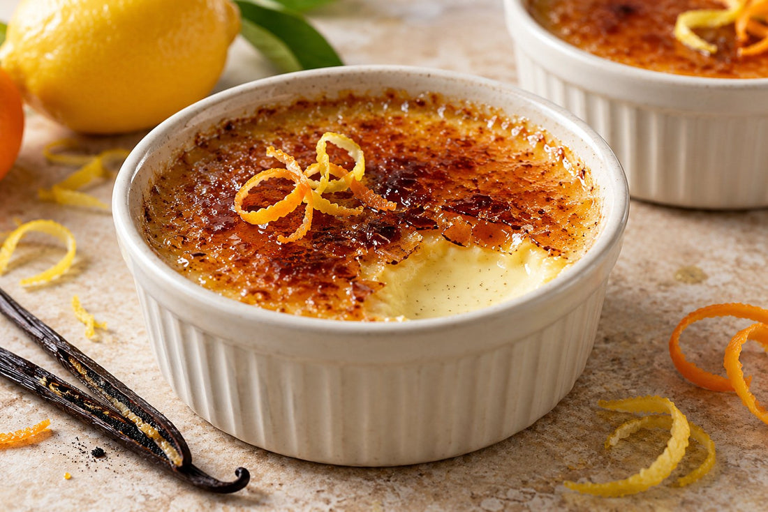 Vegan Citrus Vanilla Crème Brûlée in a ramekin with a caramelized sugar crust