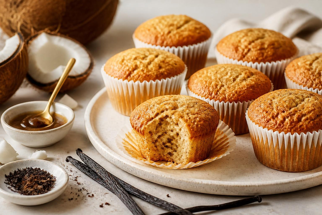 Vegan coconut vanilla muffins made with Indonesian vanilla