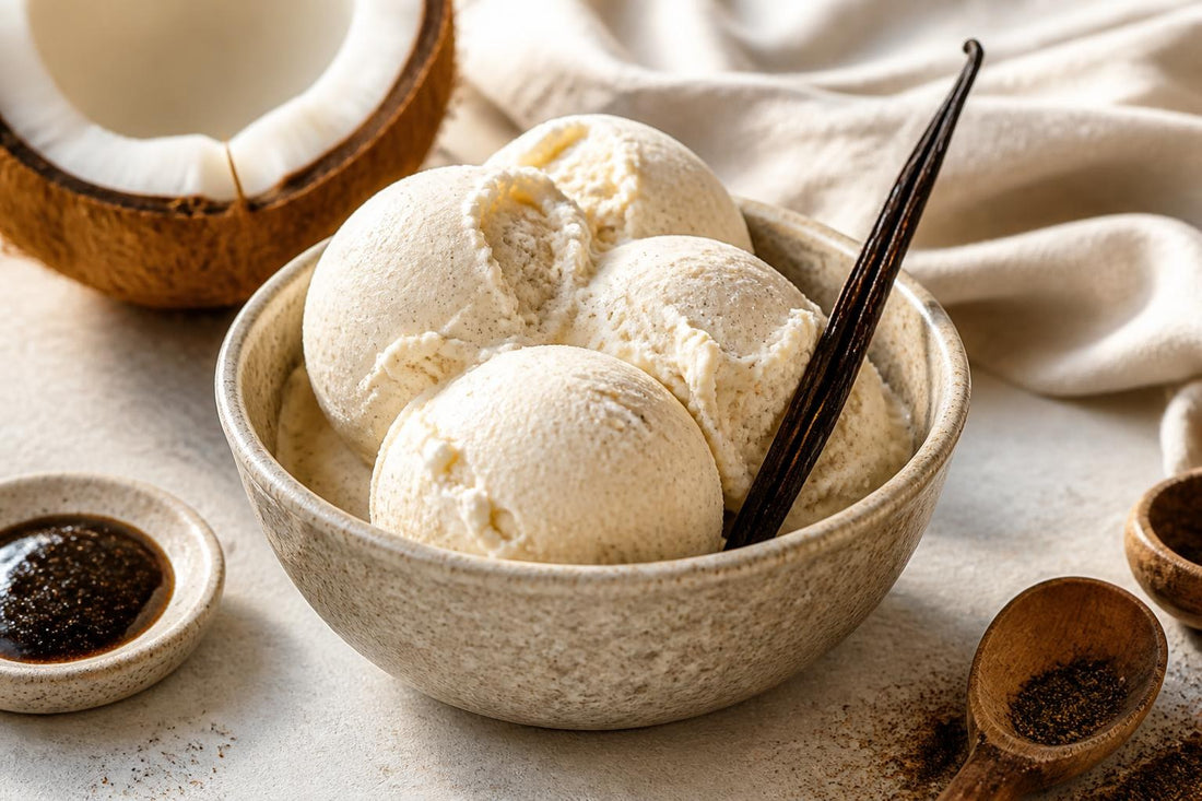 Vegan coconut vanilla ice cream made with Mexican vanilla