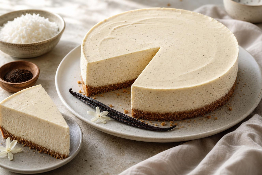 Vegan coconut vanilla cheesecake made with Tahitian vanilla