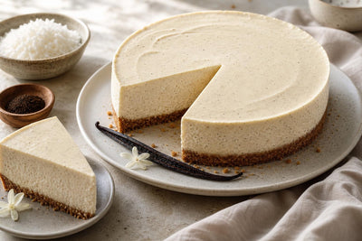 Vegan coconut vanilla cheesecake made with Tahitian vanilla
