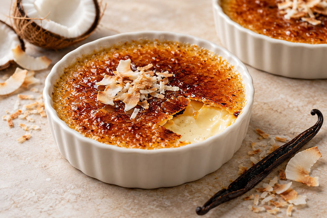 Vegan Coconut Vanilla Crème Brûlée in a ramekin with a caramelized sugar crust