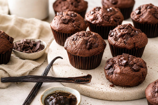 Vegan dark chocolate vanilla muffins made with Indonesian vanilla