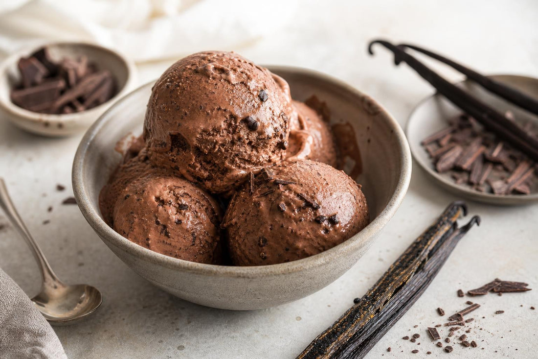 Vegan dark chocolate vanilla ice cream made with Madagascar vanilla