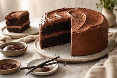 Vegan dark chocolate vanilla layer cake made with Mexican vanilla