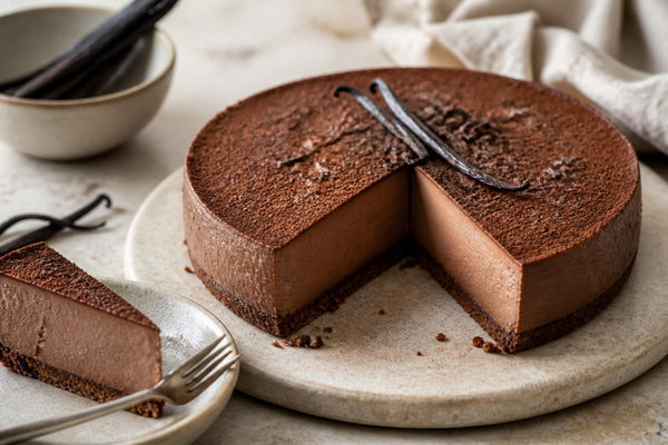 Vegan dark chocolate vanilla cheesecake made with Ugandan vanilla