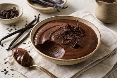 Vegan dark chocolate vanilla pudding made with Ugandan vanilla