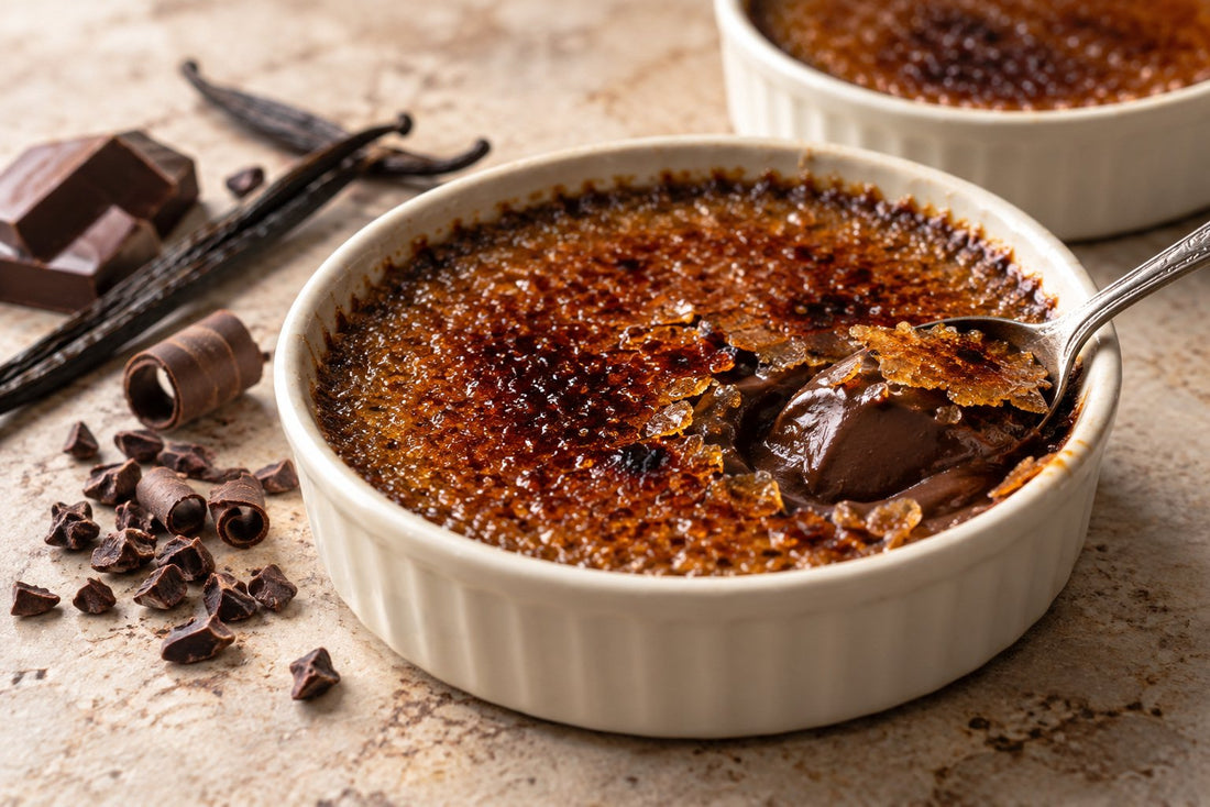 Vegan Dark Chocolate Vanilla Crème Brûlée in a ramekin with a caramelized sugar crust