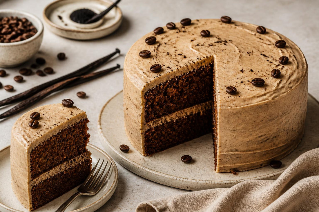Vegan espresso vanilla layer cake made with Indonesian vanilla