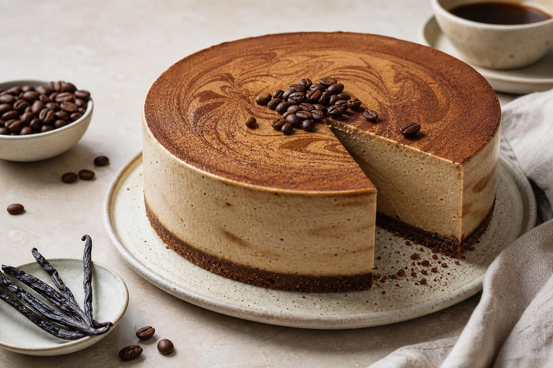 Vegan espresso vanilla cheesecake made with Indonesian vanilla