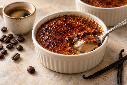 Vegan Espresso Vanilla Crème Brûlée in a ramekin with a caramelized sugar crust