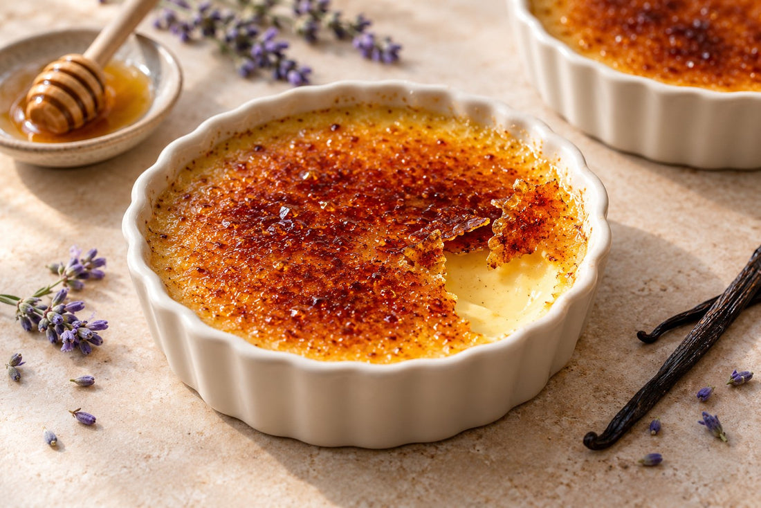 Vegan Lavender Vanilla Crème Brûlée in a ramekin with a caramelized sugar crust
