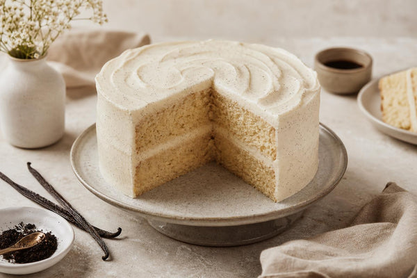 Vegan vanilla layer cake made with Madagascar vanilla