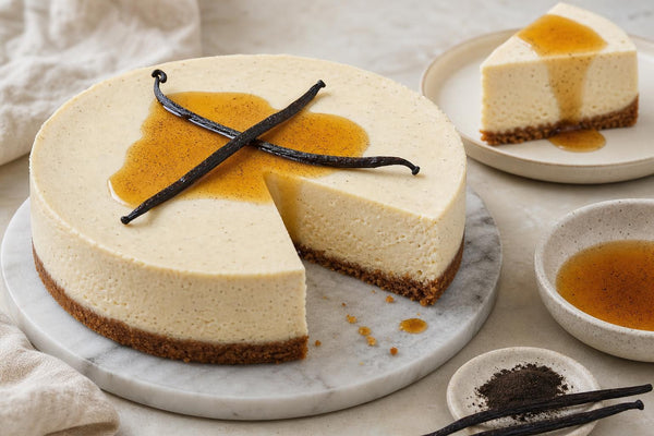 Vegan maple vanilla cheesecake made with Madagascar vanilla