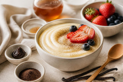Vegan maple vanilla pudding made with Ugandan vanilla