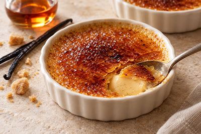 Vegan Maple Vanilla Crème Brûlée in a ramekin with a caramelized sugar crust