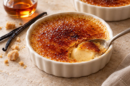 Vegan Maple Vanilla Crème Brûlée in a ramekin with a caramelized sugar crust