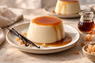Vegan Maple Vanilla Panna Cotta, unmolded on a plate with vanilla beans