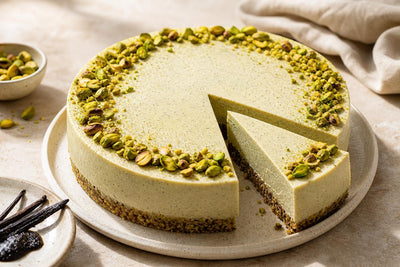 Vegan pistachio vanilla cheesecake made with Indonesian vanilla