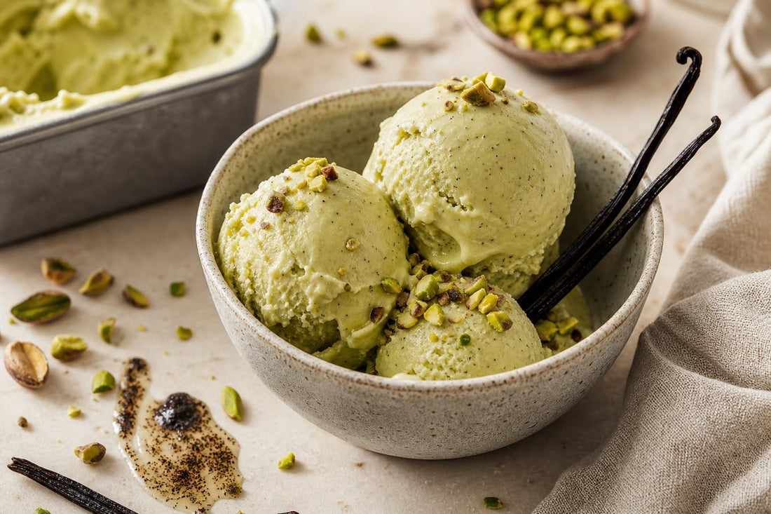 Vegan pistachio vanilla ice cream made with Indonesian vanilla