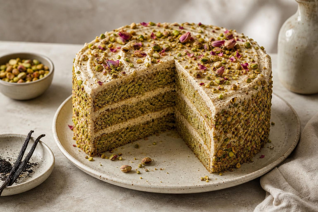 Vegan pistachio vanilla layer cake made with Mexican vanilla